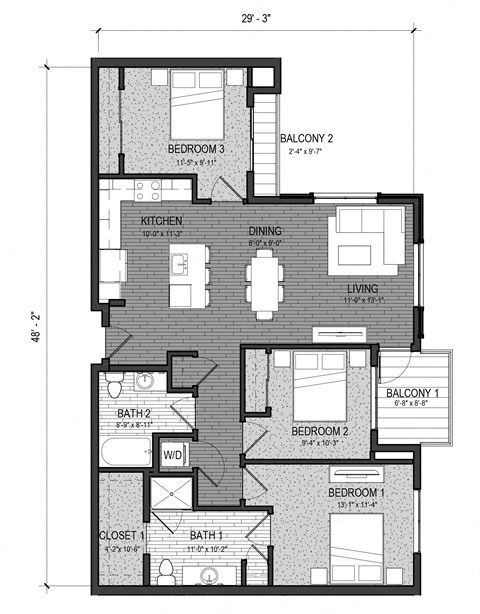 Floor plan for 3 beds, 2 baths, 1216 sqft